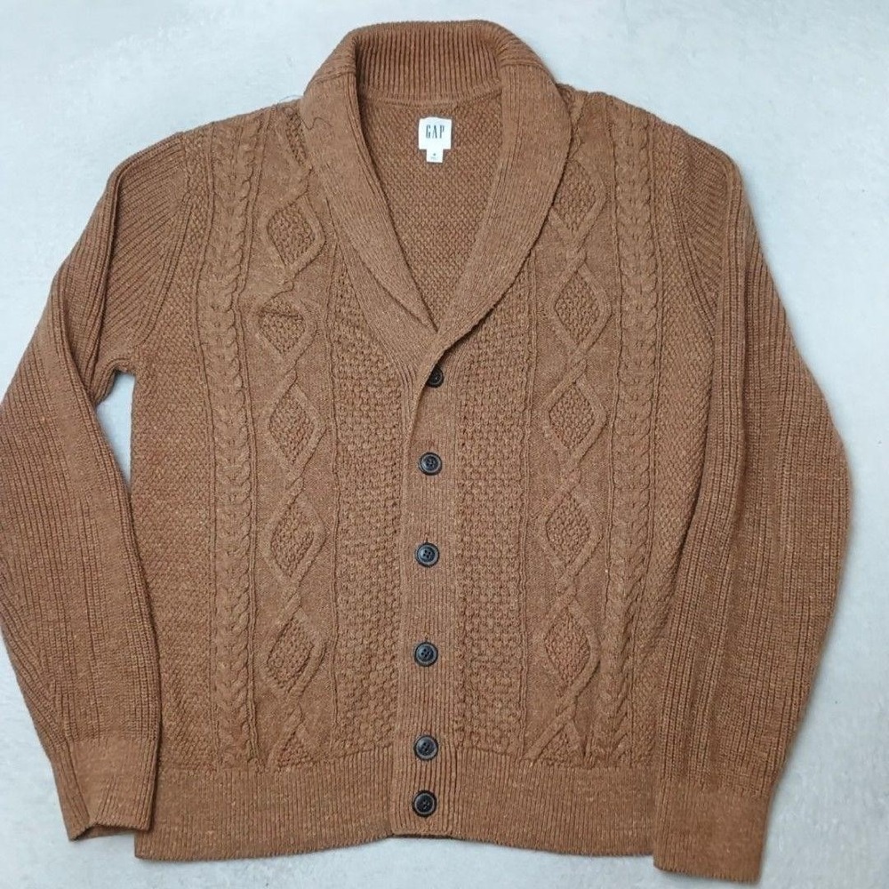 Gap Cardigan Mens M Brown Cable Knit Shawl Collar Heavyweight Button Argyle Work